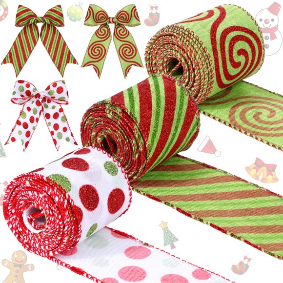 Juego de cintas navideñas Yinder, 3 rollos, 6,5 cm, alambradas, rojo y verde