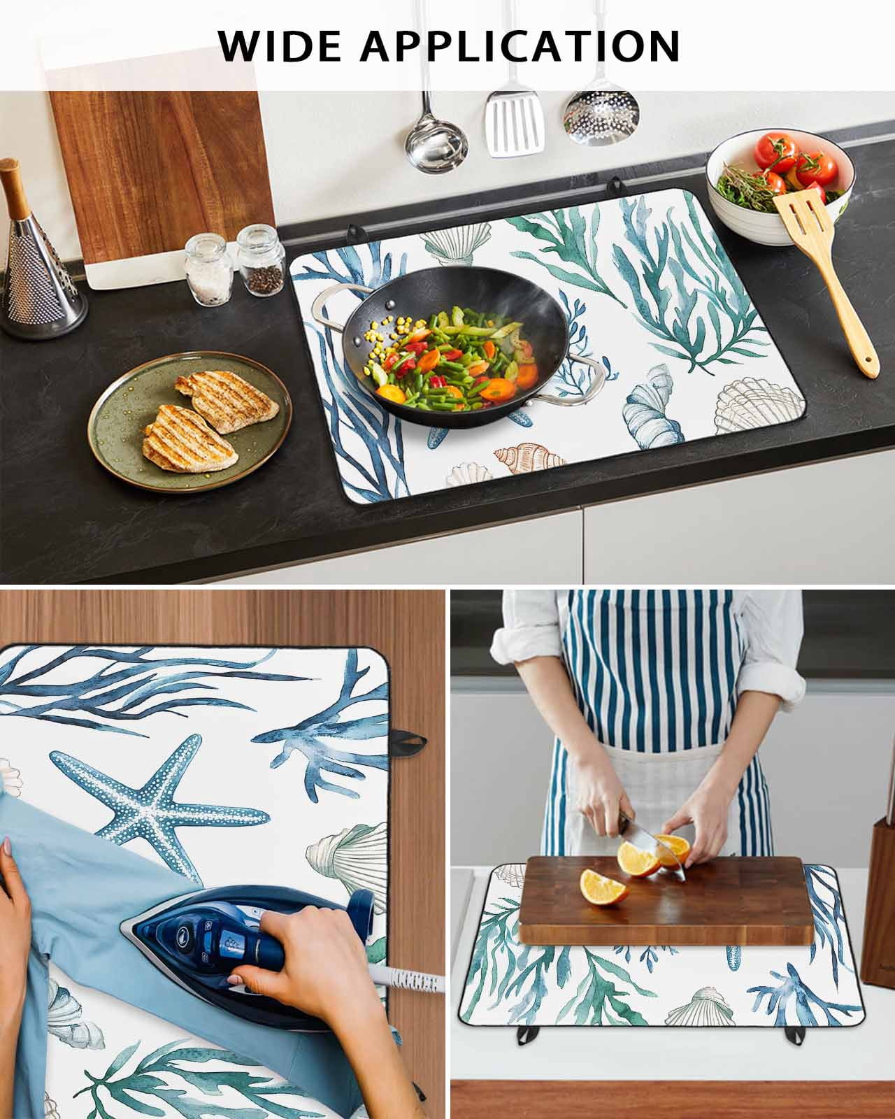 nqOlkjepod Large Induction Cooktop Protector Mat 24"x21", Summer Coastal Stove Top Covers for Electric Stove, Ocean Watercolor Starfish Shell Seaweed Stove Burner Cover Mats, Glass Top Stove Cover