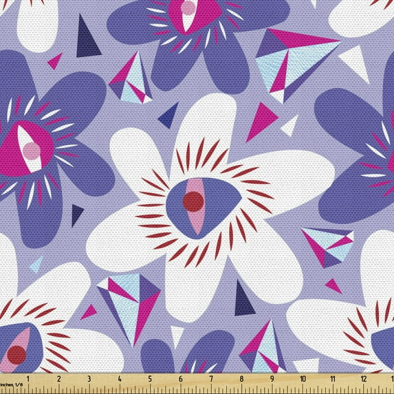 Floral Upholstery Fabric by the Yard, Lilac Pattern with Blooming Cartoon Petals Geometric Shapes Abstract Illustration, Decorative Fabric for DIY and Home Accents, Multicolor by Ambesonne