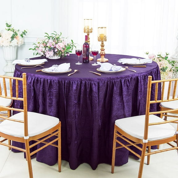 Wedding Linens Inc. 72"W x 30"H Round Ruffled Fitted Crushed Crinkle Taffeta Tablecloth Table Cover Linens With Skirt - Eggplant / Dark Purple