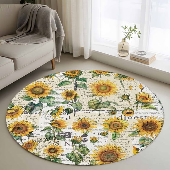 Farmhouse Sunflower Round Area Rug 4 FT, Non Slip Indoor Outdoor Rug, Vintage Summer Botanical Washable Soft Circular Carpet Non-Shedding Floor Mat for Coffee Table Nursery Foyer Balcony