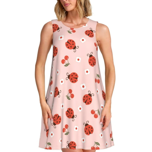 Fotbe Ladybug With Flower Vestido de Verano sin Mangas para Mujer – Vestido Midi Línea A, Estilo Camiseta Floral, Vestido Playero Casual y Fluido