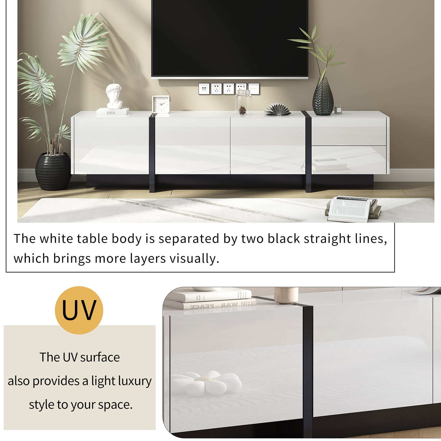 Kadyn Rectangle TV Stand, Particle Board TV Cabinet for TVs Up to 80”, Modern Entertainment Center TV Console with High Gloss UV Surface, 2 Drawers and 3 Cabinets, White