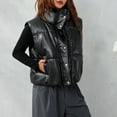 thumbnail image 5 of Women Faux Leather Puffer Vest Stand Collar Sleeveless Padded Waistcoat Zip-Up Button Quilted Jacket Warm Outerwear, 5 of 7