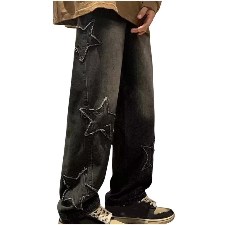 パンツ Star Design Black Denim Pants Size 32 Fnnxeal Men's Black S Baggy Denim Jeans - 100% Denim, Star Pattern