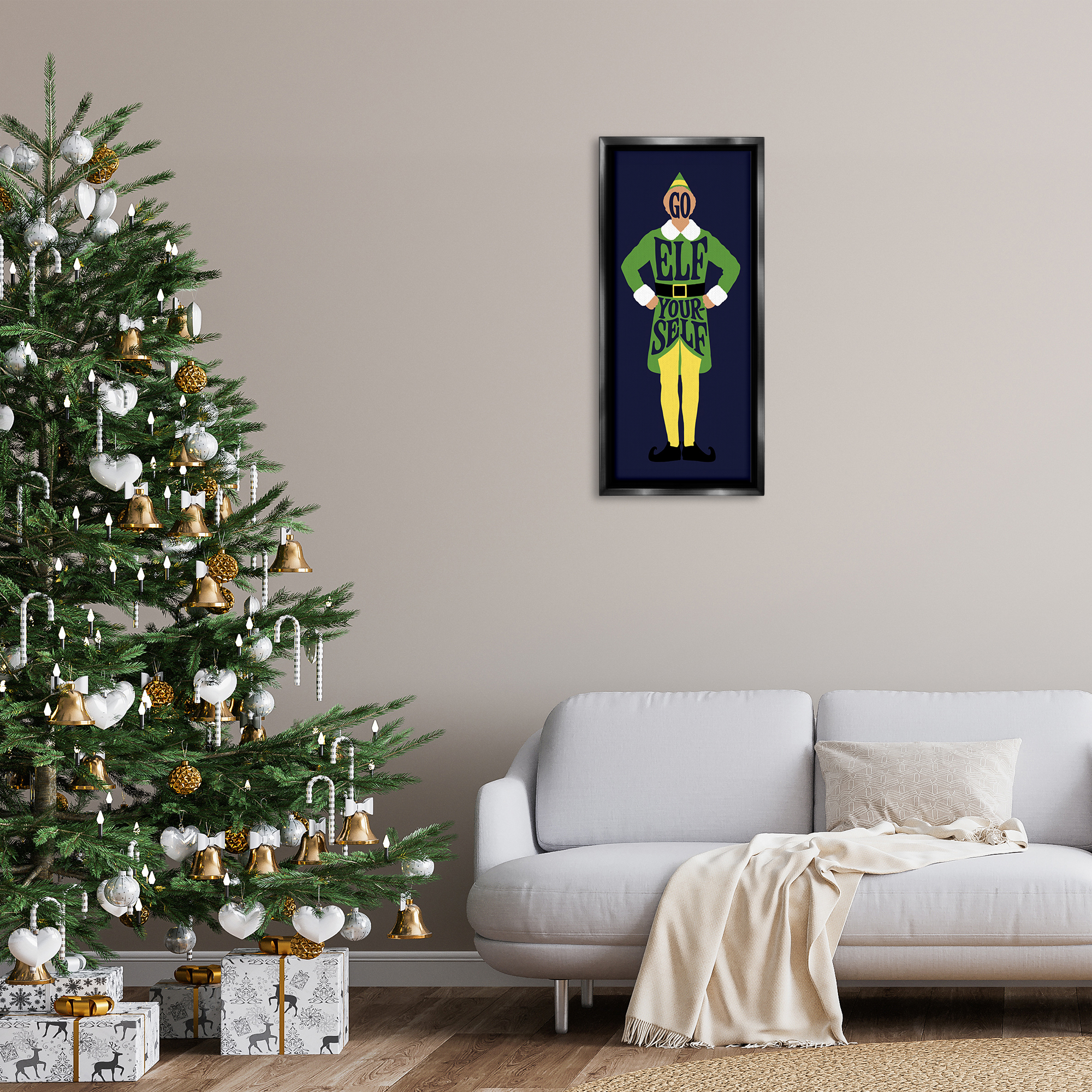 Stupell Industries Sassy Go Elf Yourself Holiday Painting Black Floater Framed Canvas Art Prints Wall Art, 15 x 31