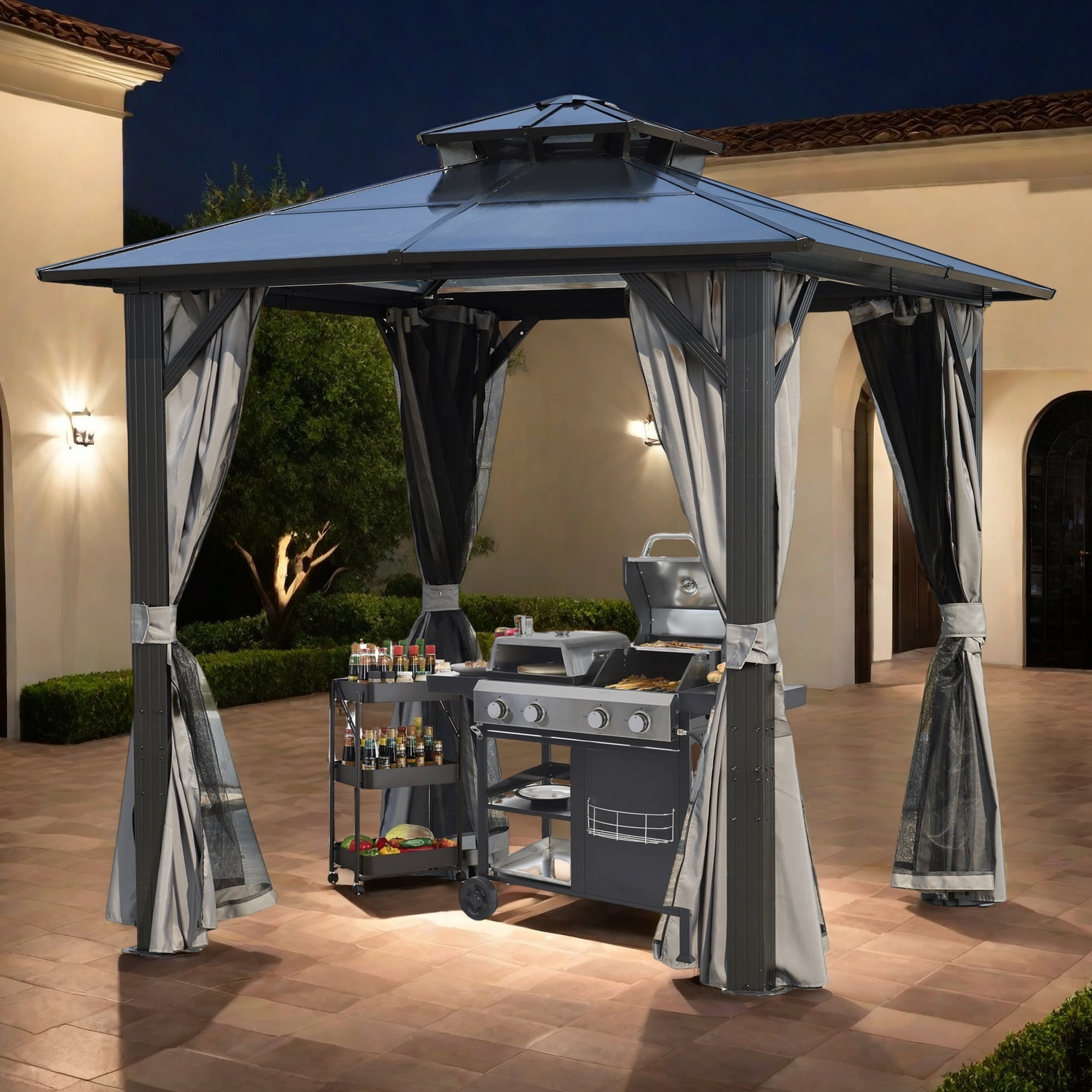 8FT x 8FT Double Roof BBQ Grill Gazebo with Grey Polycarbonate for Outdoor Use