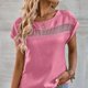 thumbnail image 5 of Camiseta de mujer ahuecada cuello redondo liso casual cómodo manga corta Top para el hogar ocio diario rosa rojo S, 5 of 8