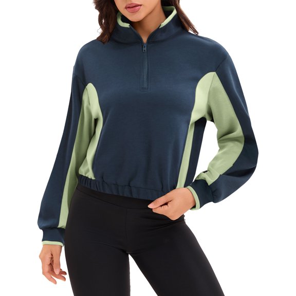 DARING DIVA Women's Quarter Zip Pullover Cropped Sweatshirt XL Navy Blue Green