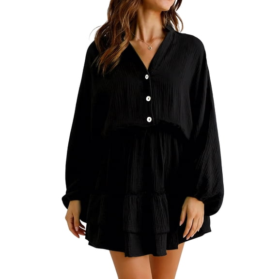 Summer Dresses for Women Flowy Ruffle Long Sleeve V Neck Tiered Casual Beach Mini Dress Black S