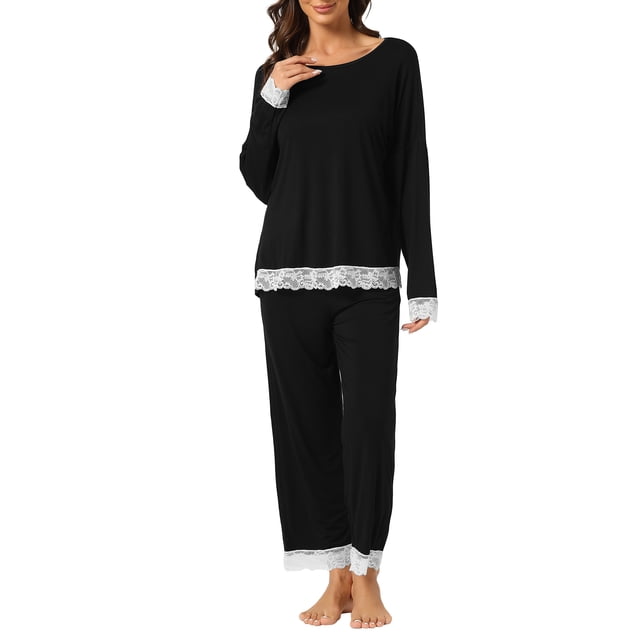 Conjunto de pijama para mujer INSPIRE CHIC, blusa de manga larga con encaje suave y pantalones, ropa de dormir de 2 piezas, M, negro
