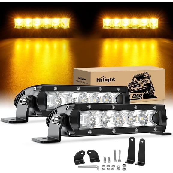 Nilight 7 Inch Amber Single Row Led Light Bar Super Slim 2PCS 30W Spot Driving Fog Off Road LED Lights Bumper Lights for Trucks Motorcycle Bicycle ATV 2 Style Mounting Brackets, 2 Years Warranty