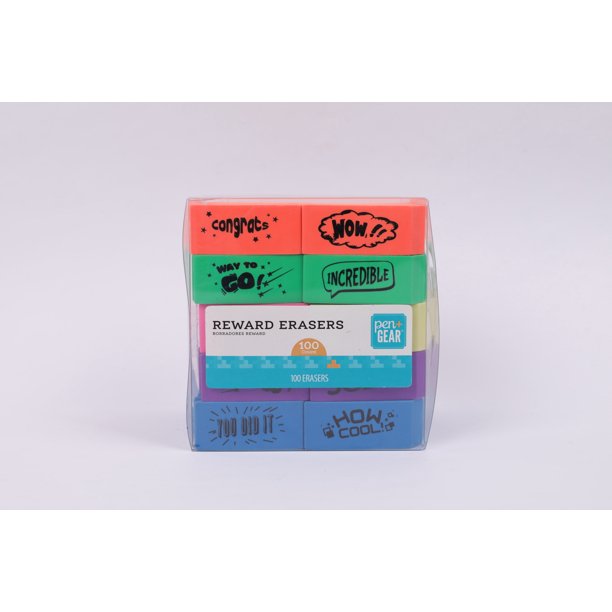 Pen + Gear Reward Erasers with Fun Prints, Assorted Colors, 100 Count