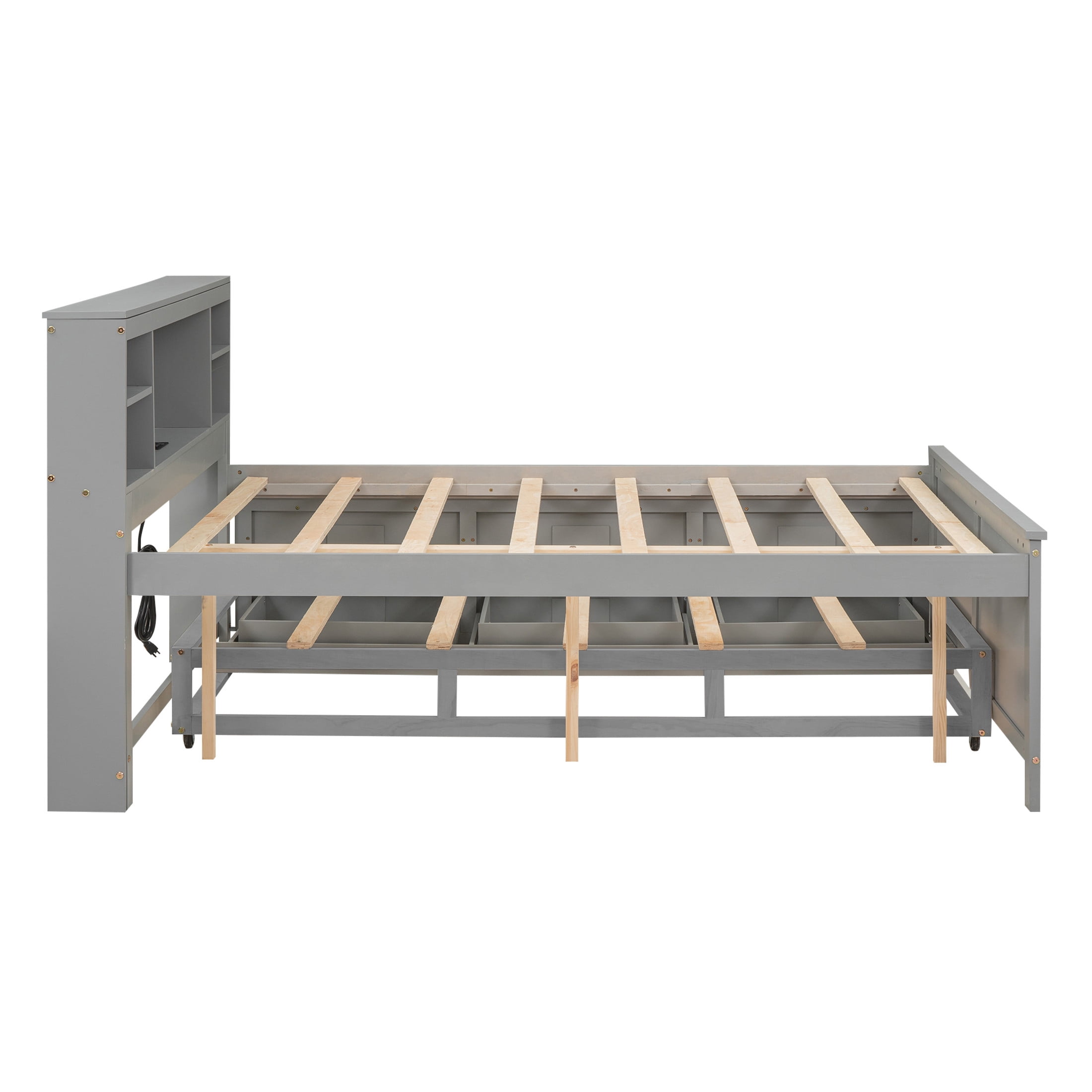 Noble House Nerissa Full Platform Bed with Bookcase Headboard, USB Ports, Extra Trundle and Storage Drawers, Gray