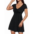 thumbnail image 4 of Women'S Short Sleeves Drawstring Front Ruched Short Dress V Neck A Line Tshirt Dresses Black S, 4 of 9