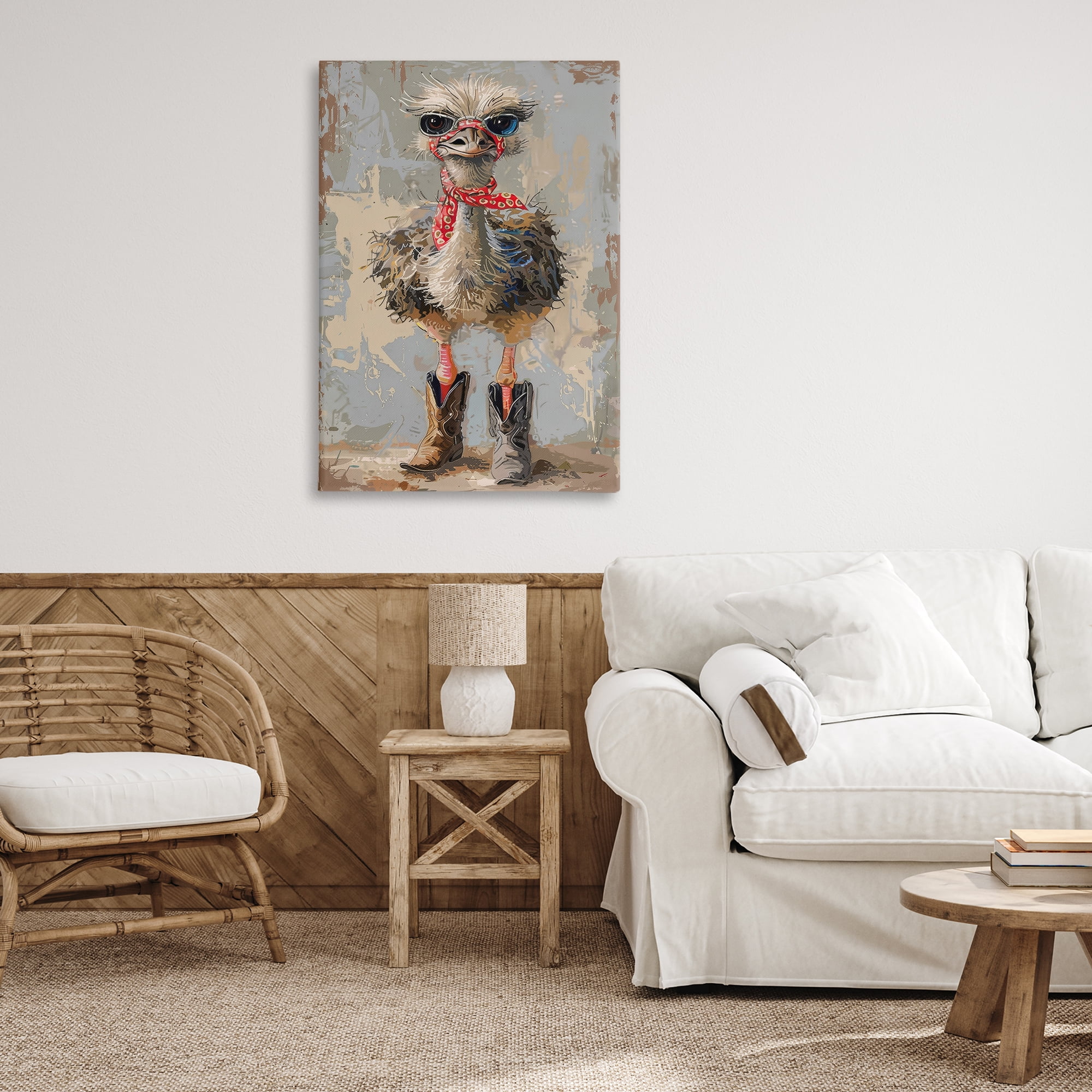 Stupell Industries Ostrich & Cowboy Boots Novelty Painting Gallery Wrapped Canvas Art Print Wall Art, 24 x 36