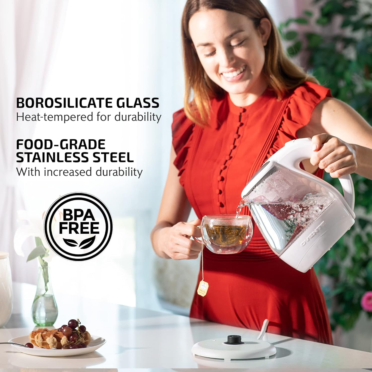 OVENTE 1.5L Glass Electric Kettle with Blue LED Light, 1100W Lighted Countertop Water Heater and Boiler for Coffee or Tea, Auto Shut-Off, Boil Dry Protection and Stainless Steel Lid, White KG845W
