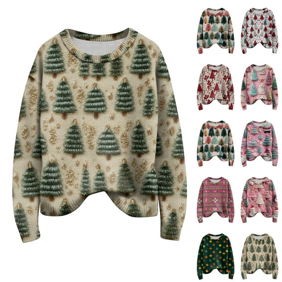 Long Sleeve Pullover Sweaters For Women O Neck Casual Cute Printing Knit Oversized Sweater for Fall and Winter, Christmas Snowflake Print, Cozy and Festive, Christmas Sweaters for Women ,Beige,L