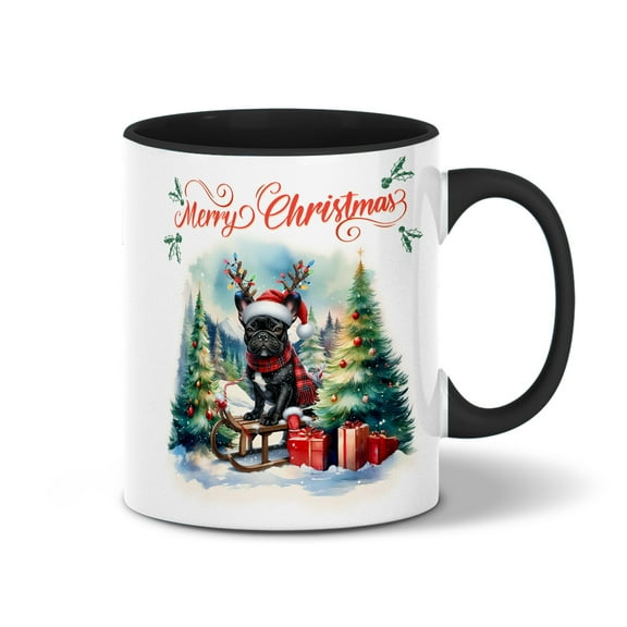 Merry Christmas Santa Reindeer Antlers French Bulldog Sleigh Xmas Winter Holiday 11oz Accent Two-tone Mug Dog Lover Gifts Coffee Tea Cup - 00023