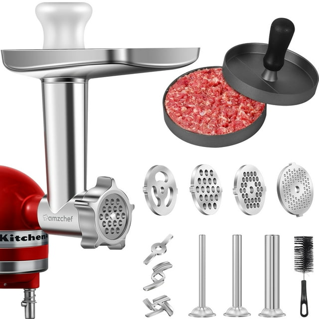 AMZCHEF Metal Grinder Attachment for KitchenAid Stand Mixers with Burger Press Plate & Sausage Stuffer Pack