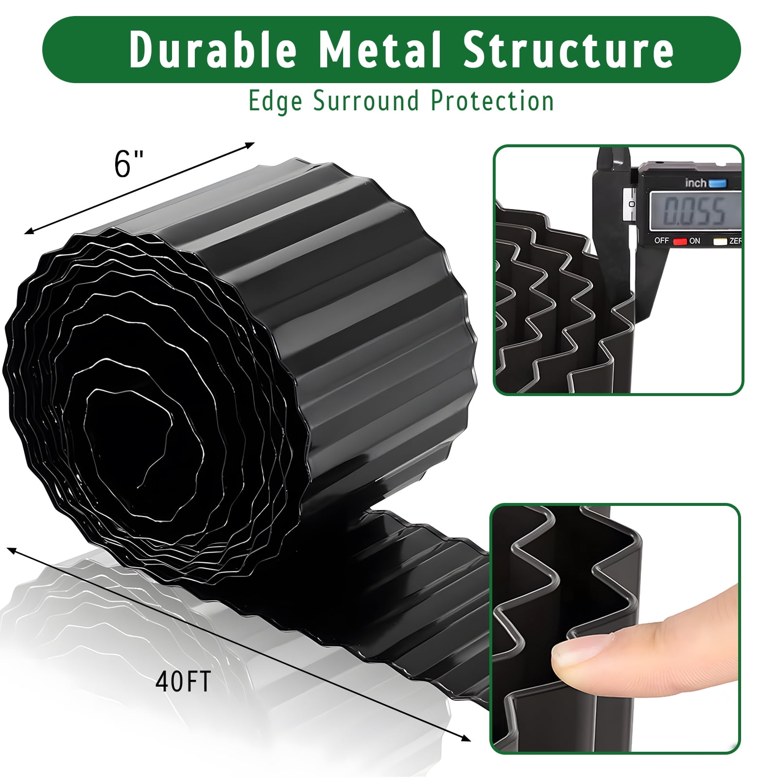 40FT Galvanized Steel Landscape Edging Roll, 6" Tall Sturdy Flexible Corrugated Metal Lawn Border for Garden, Pathway & Flower Beds, Black