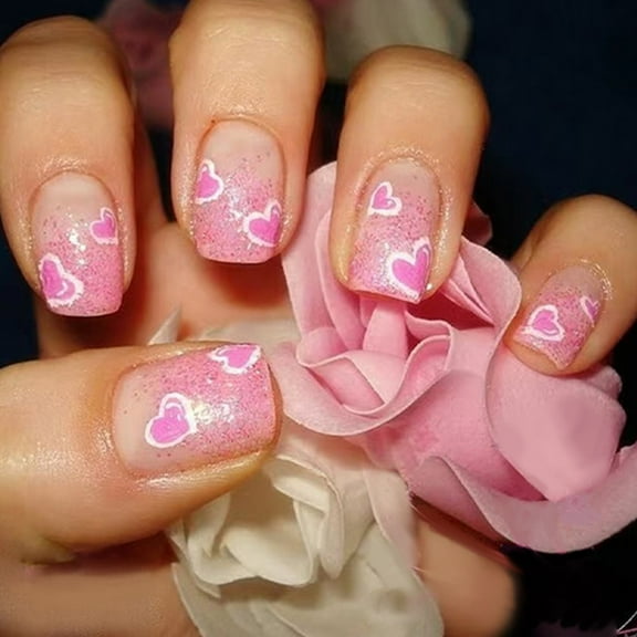 Aurgiarme Elegant Artificial Nails Heart Glitters False Nails Press on Nails for Adding Romance to Your Valentine's Day Outfit
