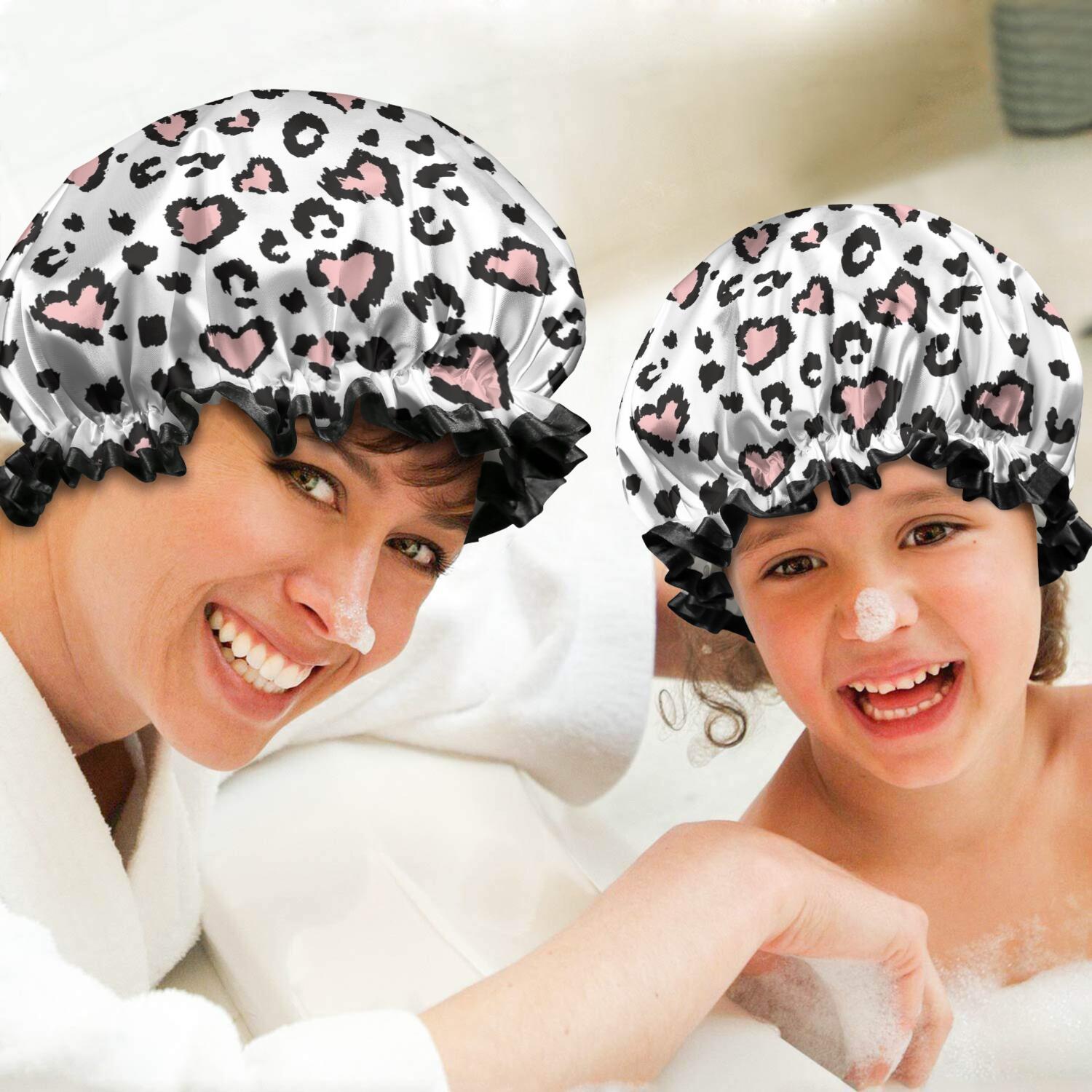 Shower Caps,Pink and Black Of Leopard Print Waterproof Shower Cap for Women 4 Pieces,Double Reusable Hair Cover for Shower PEVA Elastic Stretch Hem