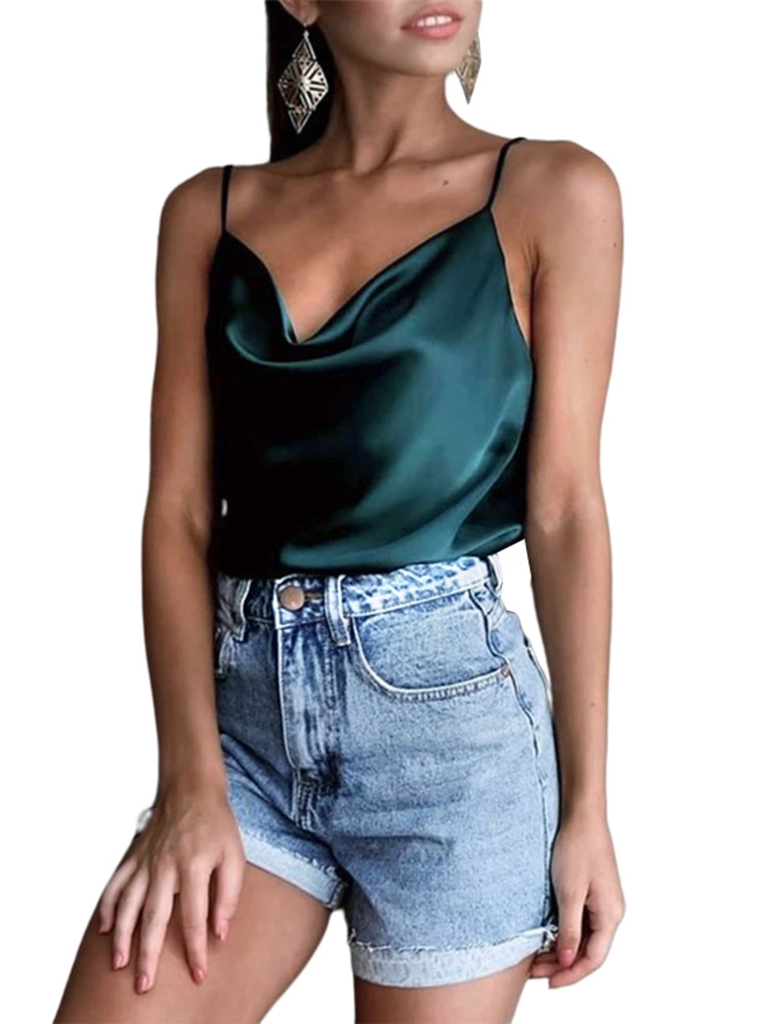 fattige maskine Derbeville test Women's Casual Silk Satin Tank Top Sexy Plain Cami V Neck Spaghetti Strap  Vest Top T Shirt Blouse - Walmart.com