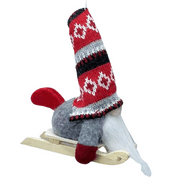 Holiday Time Sleigh Gnome Ornament. Casual Traditional Theme. Fabric Gnome Ornament. Red & Grey Color.