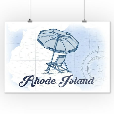 Rhode Island - Beach Chair & Umbrella - Blue - Coastal Icon - Lantern Press Artwork (9x12 Art Print, Wall Decor Travel