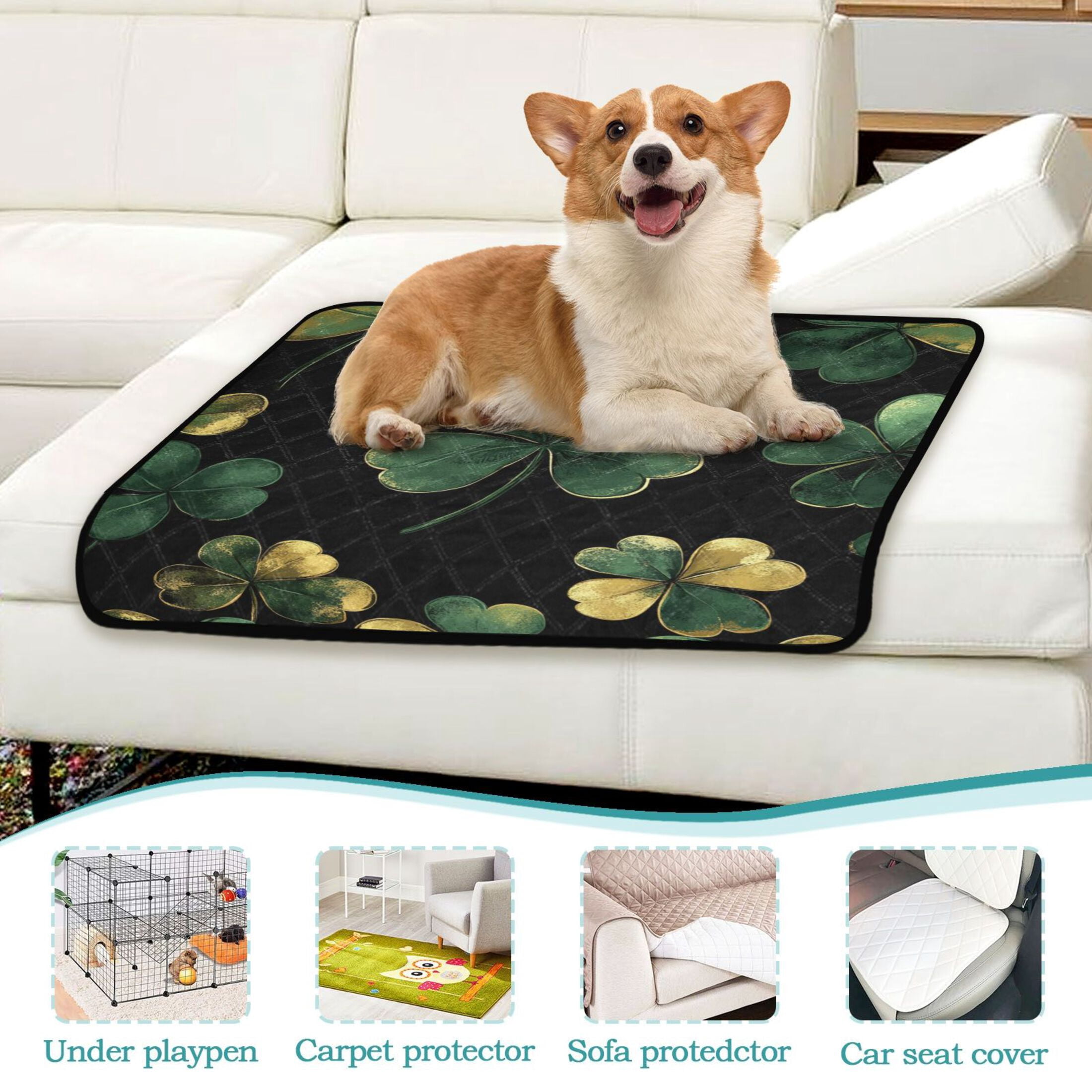 Qxltty Stpatricks Day Four Leaf Clover Cat litter Pads Pet Set of 3 Diaper Mats Center Anti-leakage Layer Absorbent Soft and Comfortable