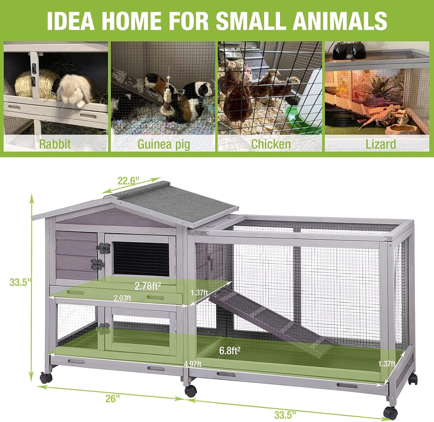 MEDEHOO Bunny Cage Indoor Outdoor Rabbit Hutch with Casters Waterproof Roof, Pull Out Tray from Back and Front, 61.2" L x 22.6" W x 33.5" H