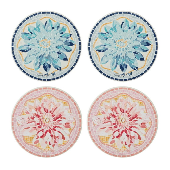 Dolly Parton 8.5 in Blue Red Mosaic Flower Ceramic Coasters