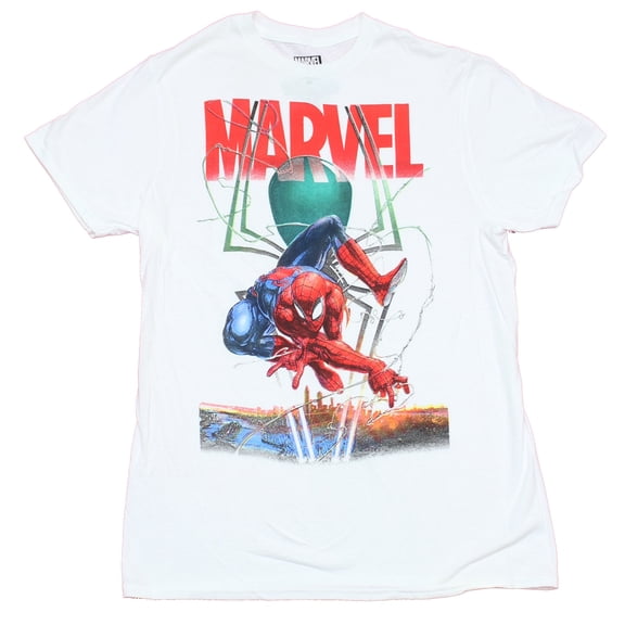 Spider-man Mens T-Shirt - Dangling Spidey Under Red Marvel Logo (Small)