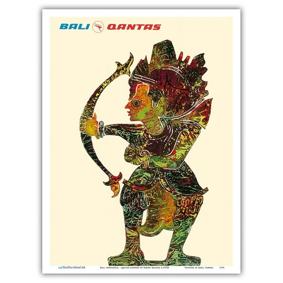 Bali Indonesia - Shadow Puppet (Wayang) - Qantas Airways - Vintage Airline Travel Poster by Harry Rogers c.1970s - Master Art Print (Unframed) 9in x 12in