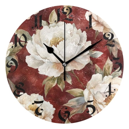 DEIARA Elegant Peony Burgundy Butterfly Wall Clock 10in Silent Mechanism Battery Operated Retro Style for Living Room Bedroom and Kitchen Black Pointer
