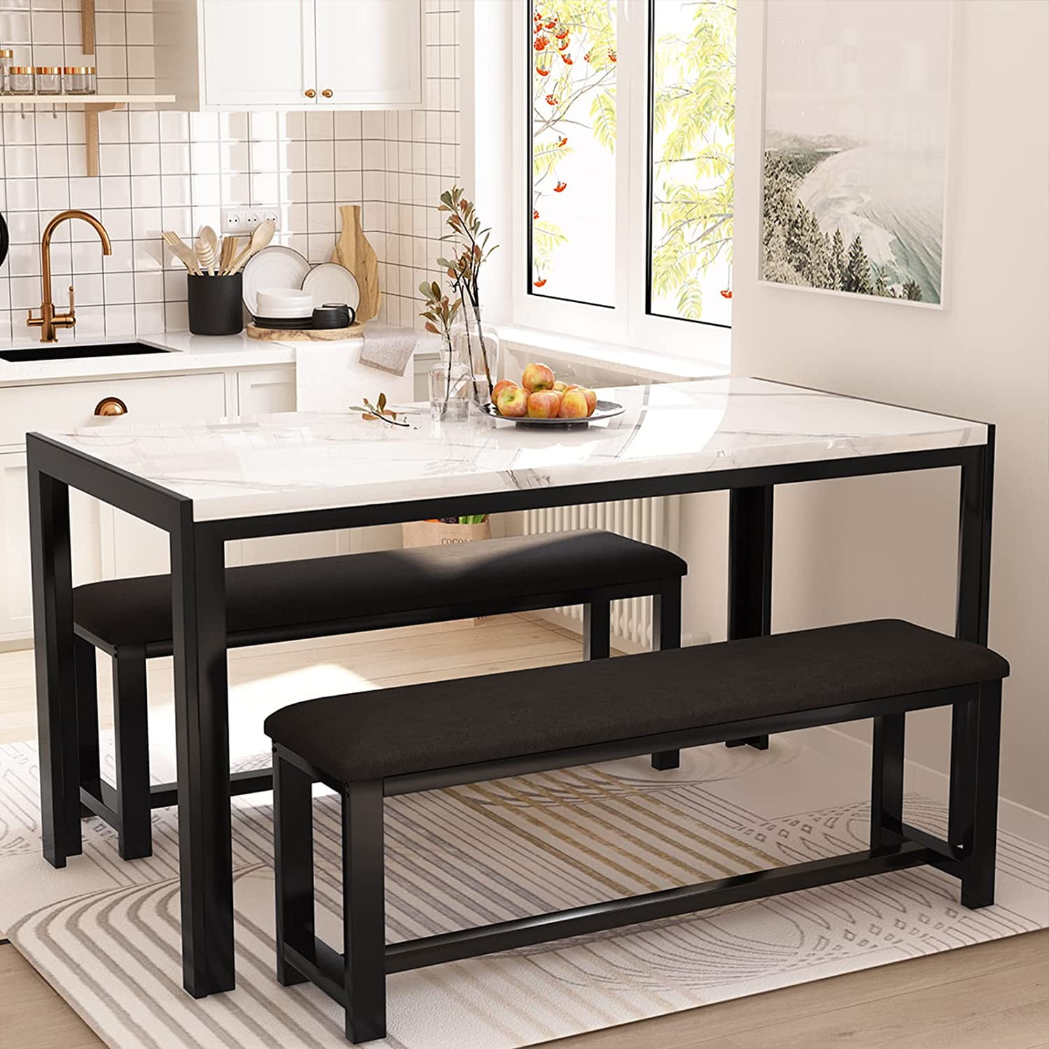 Baxluxe Dining table set with 2 benches, 4-6 person dining table set, 4 person dining table set, faux marble breakfast table set, and PU leather padded bench, suitable for small spaces, apartments