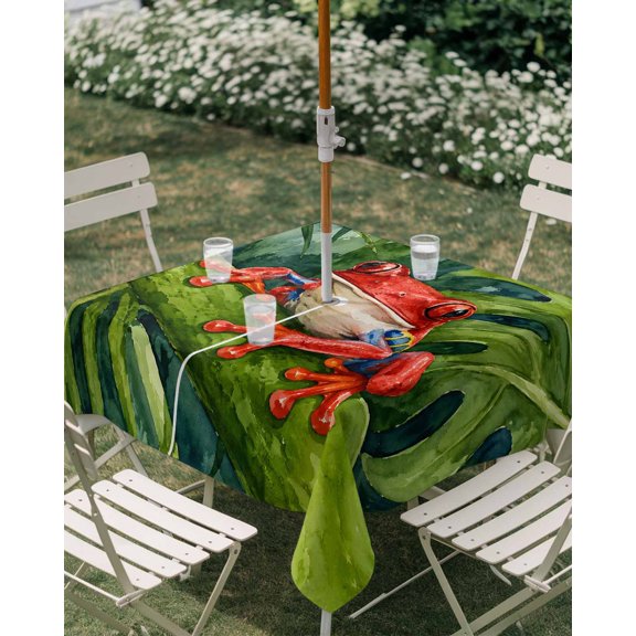 Outdoor Tablecloth with Umbrella Hole, Summer Tropical Red Frog Pattern Zippered Table Cloth for Rectangle Tables, Monstera Leaf Washable Waterproof Tablecloths for Picnic Patio Garden