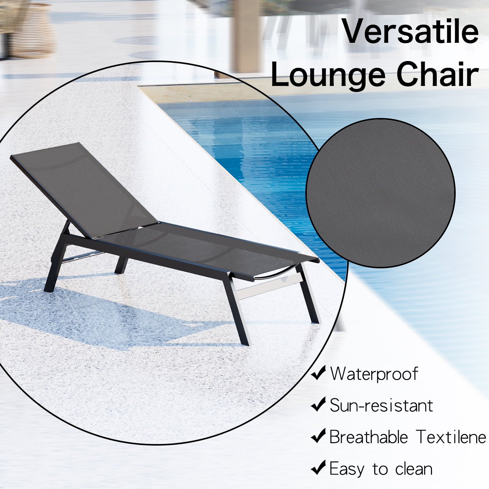 Walsport 2Pcs Outdoor Lounge Chair,Freely Adjustable Aluminum Patio Chair for Pool,Beach(Gray)