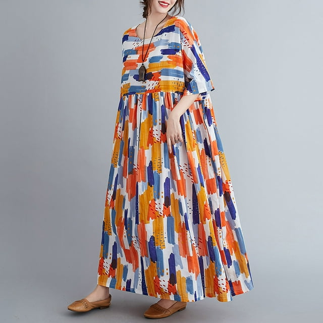 Femmes Robe en Vrac Vintage Imprimé Floral Poches Demi-Manches Vacances Surdimensionnées Boho Casual Robes