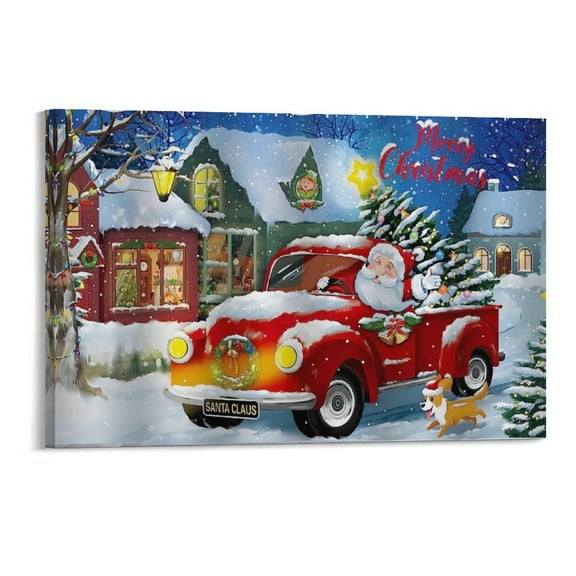 Merry Christmas Red Truck Santa Claus Xmas Tree Dog Winter Snow Canvas Prints Wall Art，Winter Scene Decor Wooden Framed for Living Room Bedroom Office 12×8 inch