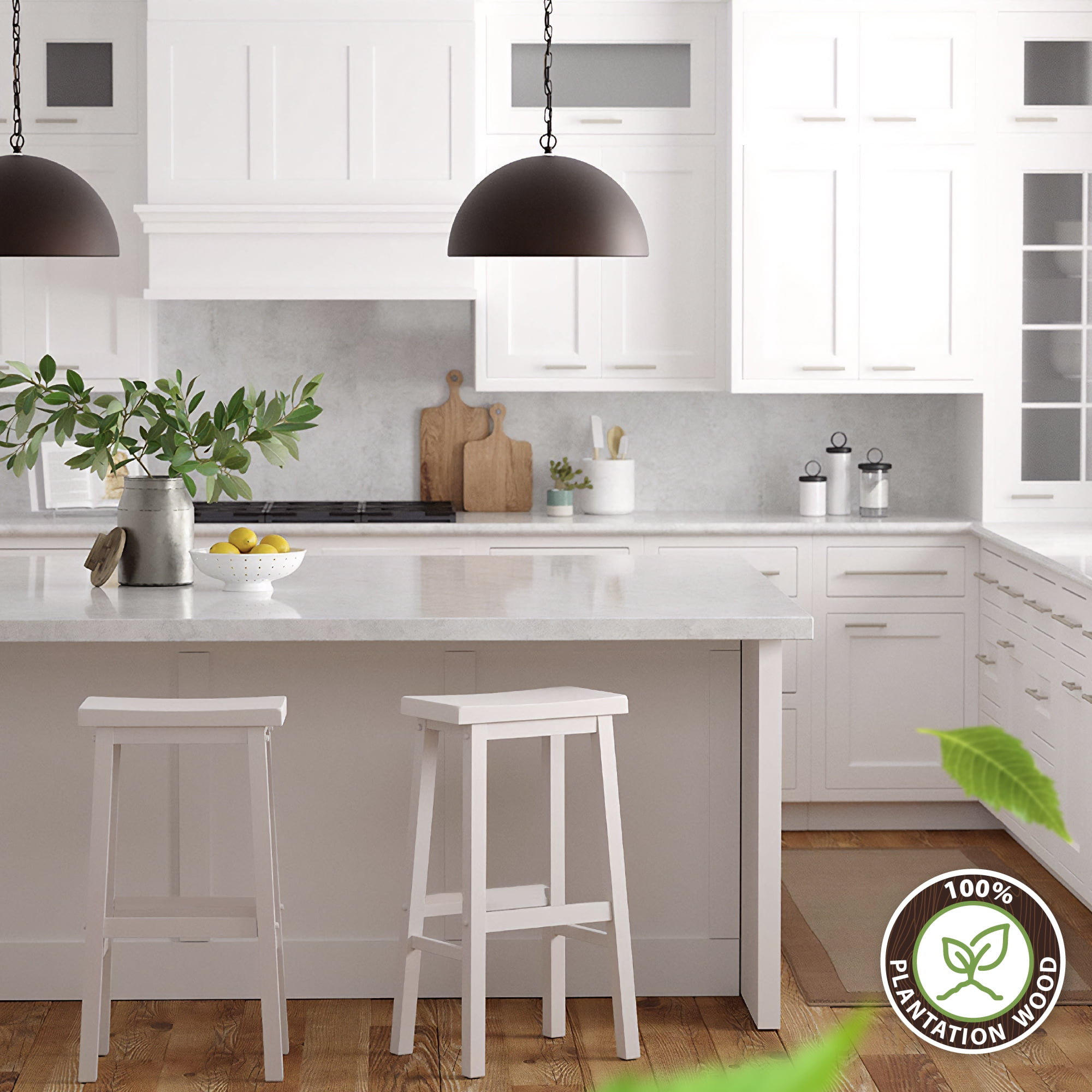 PJ Wood Saddle-Seat 29 Inch Kitchen and Bar Counter Stool, White, Set of 2