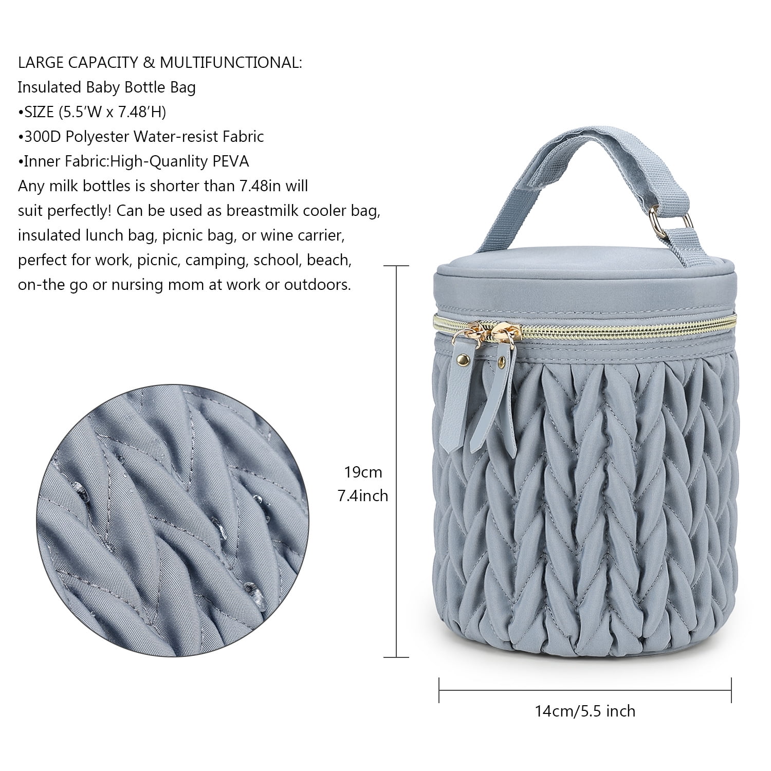 Insulated Baby Bottle Bag, 5.5"×7.48" Breastmilk Cooler Bag with Food-Grade PEVA Lining, Waterproof 300D Polyester Milk Bottle Tote for Nursing Mom, Multi-Use Insulated Lunch Bag for Work/Picnic/Camp