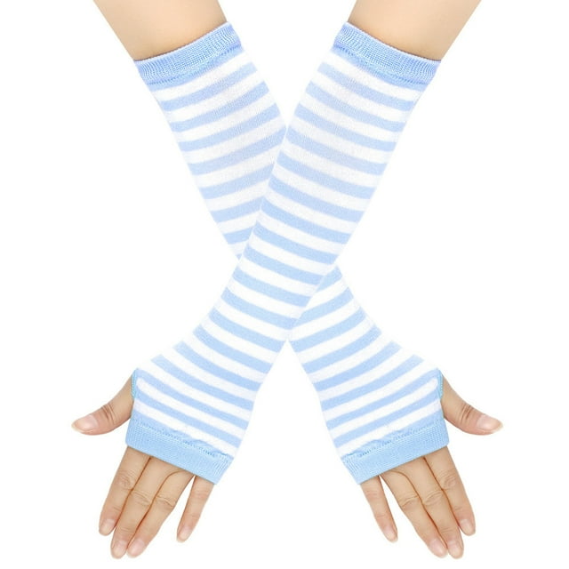 Zhuge Guantes largos sin dedos a rayas para mujer, calentadores de brazos tejidos de invierno para punk rock, cosplay, gótico y fiestas navideñas, color azul y blanco