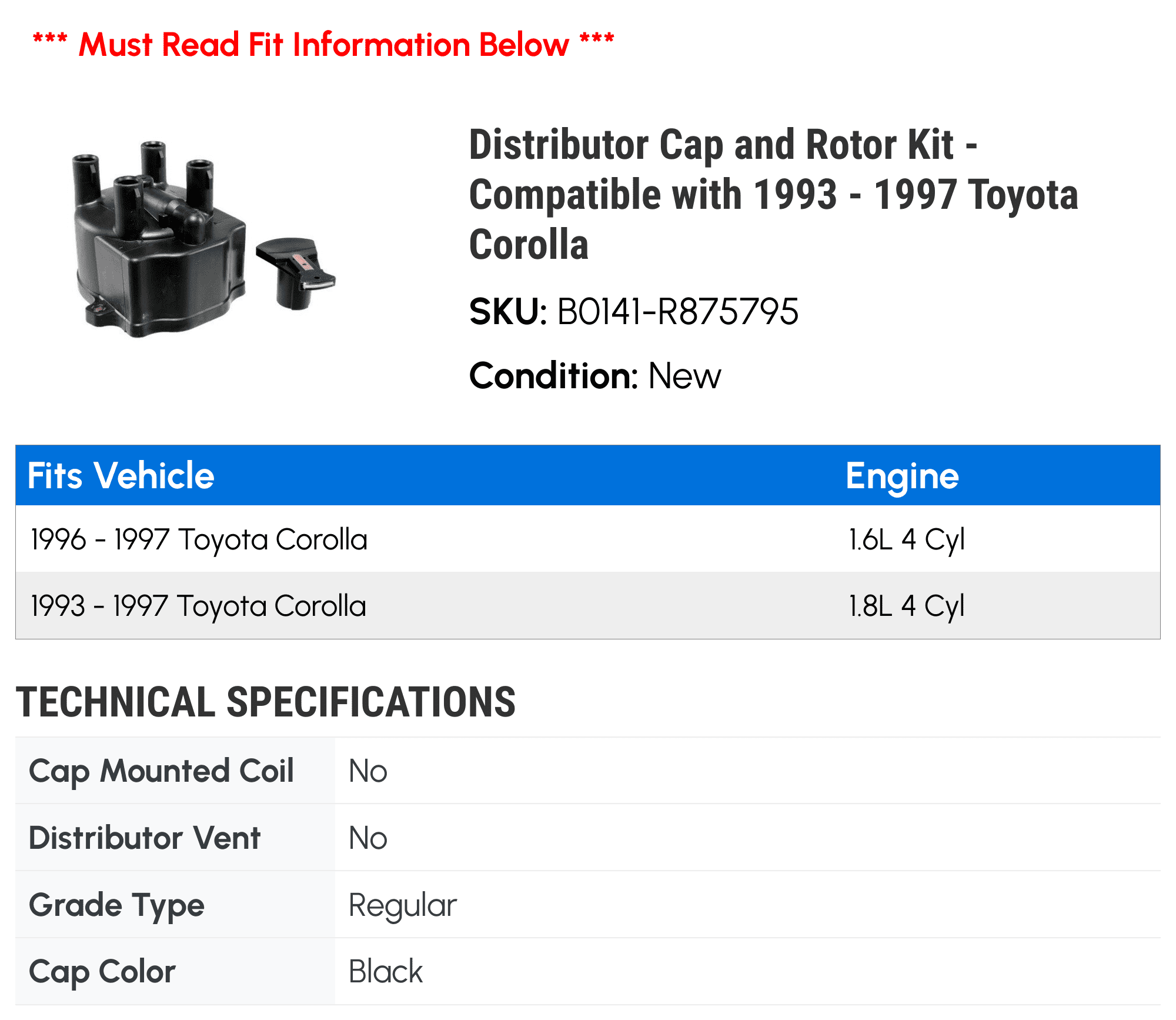 Distributor Cap and Rotor Kit - Compatible with 1993 - 1997 Toyota Corolla 1994 1995 1996