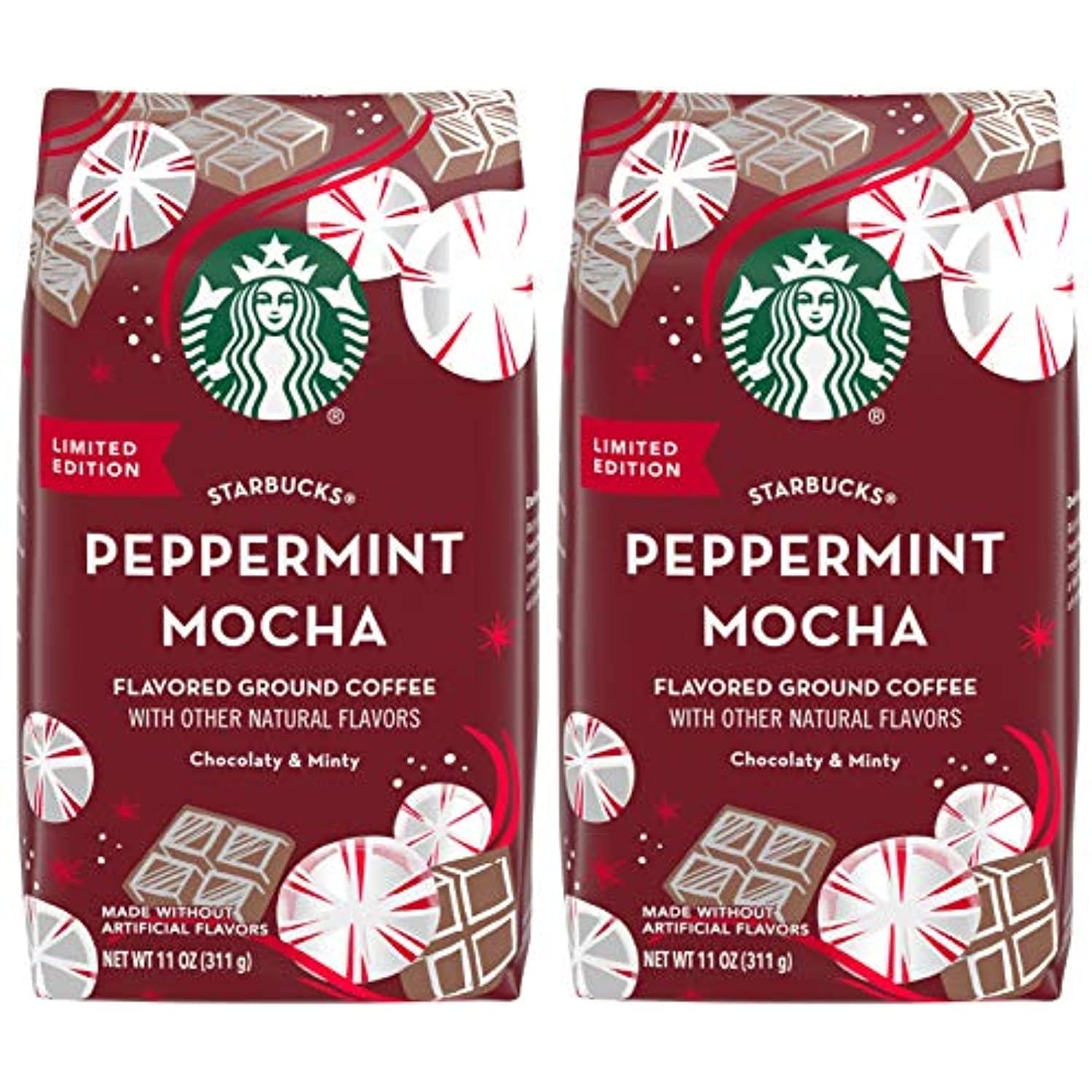 Starbucks Peppermint Mocha Flavored Ground Coffee, 11 Oz, Pack of 2