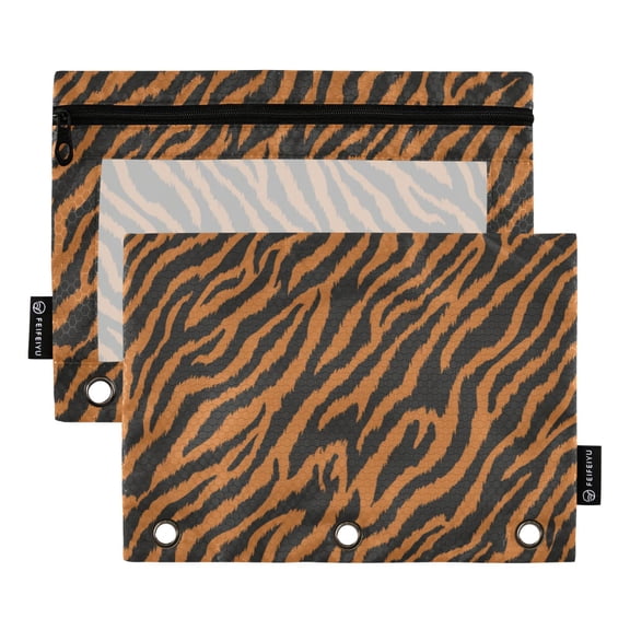 2 Pack 3 Ring Binder Pouch with Clear PVC Window Water Resistant Zipper Pencil Pouch Rich Brown Tiger Stripes Binder Pocket for Classroom Office Home Stationery Organization