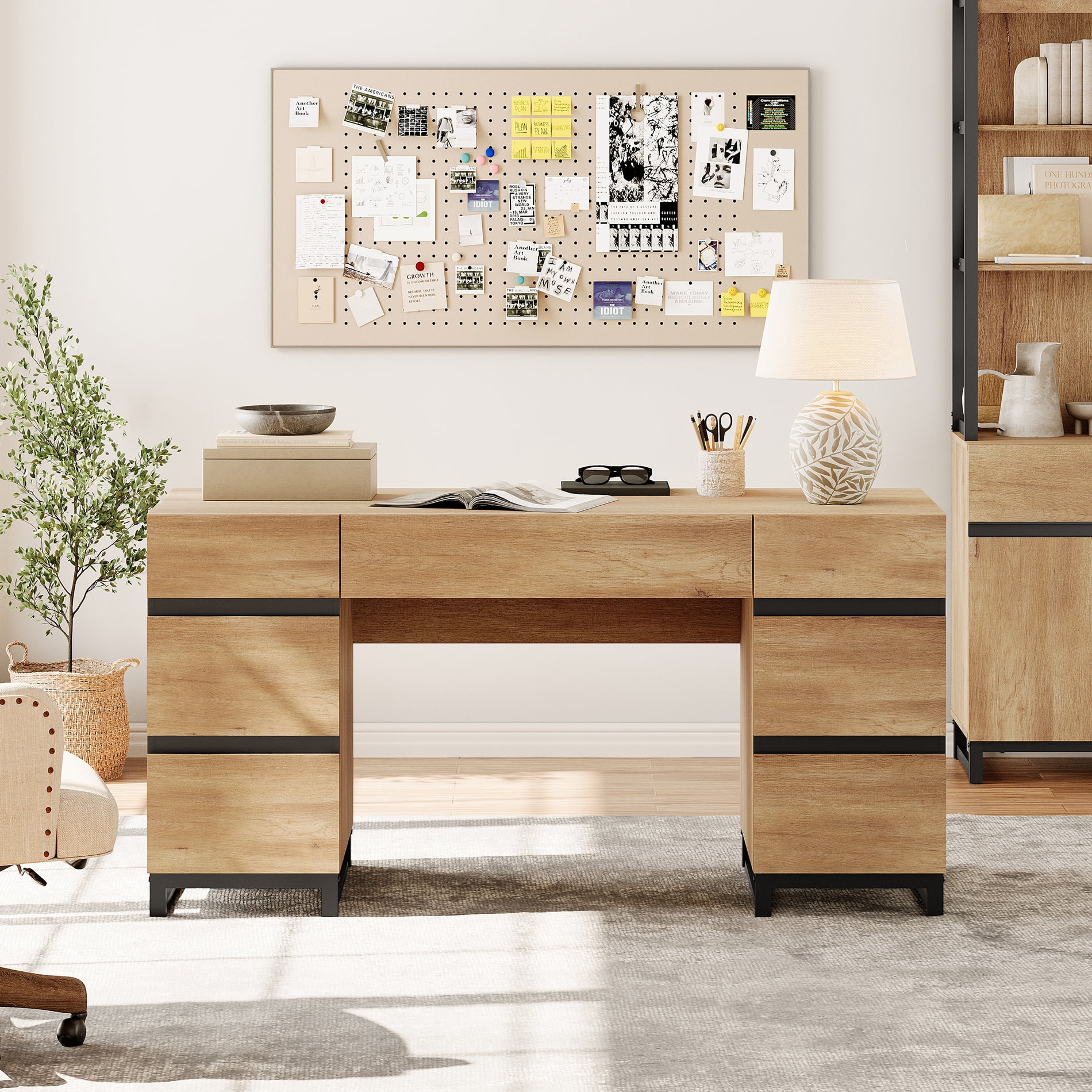 WAMPAT Home Office Set: 59" Modern Desk with Charging Station and Storage Cabinet, Two 72" Tall Bookcases with Adjustable Shelves, Wood Computer Desk and Library Storage Cabinet for Work Study, Oak