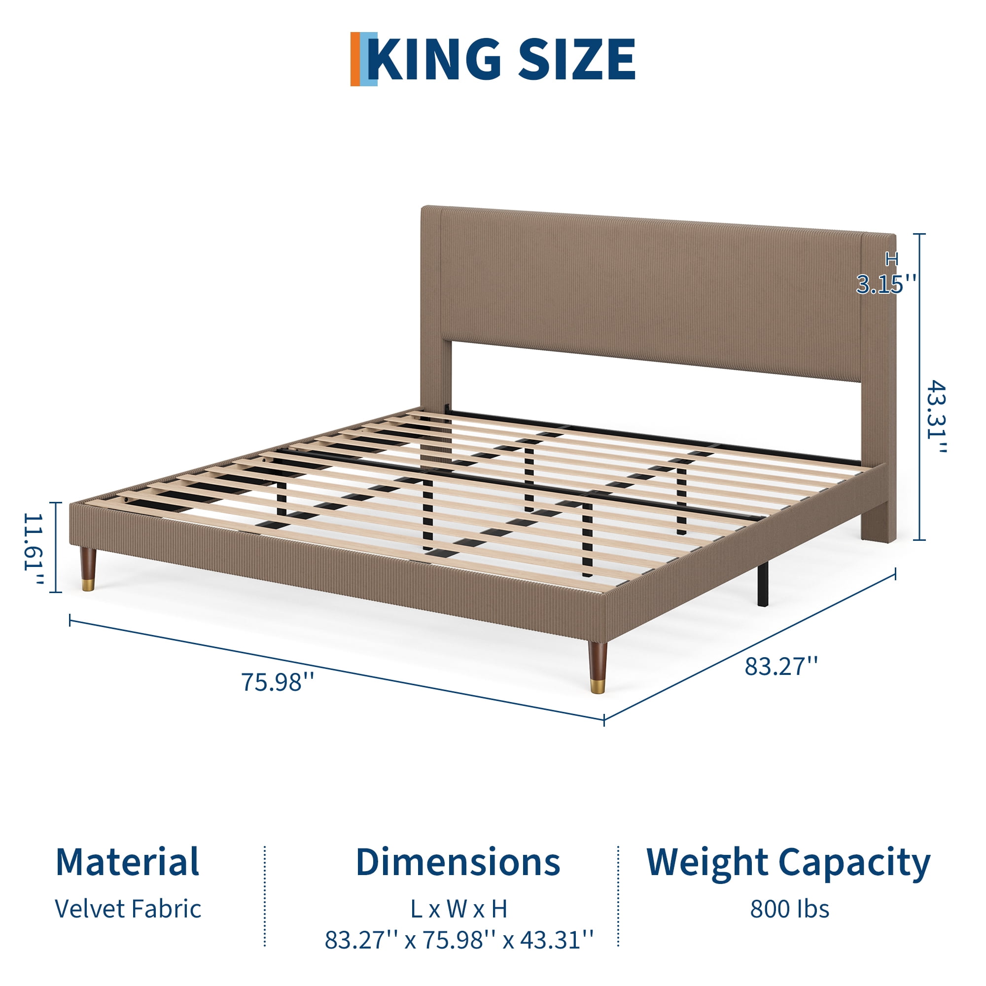 Corduroy Upholstered Platform Bed Frame with Headboard - Noise-Free, Wood Slat Support, Low Profile, King Size, Easy Assembly