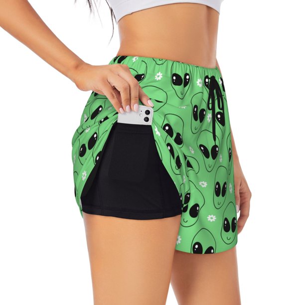 Balery alien cartoons Pantalones cortos deportivos para mujer con forro y dos bolsillos, elásticos, para entrenamiento, gimnasio, yoga-XX-Large